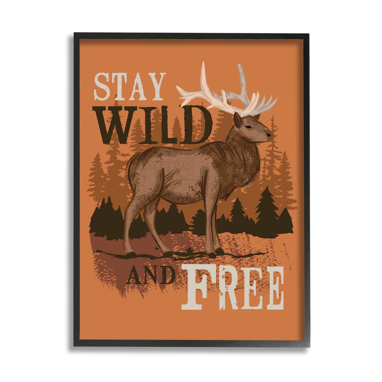 Stupell Industries Stay Wild and Free Phrase Forest Elk Landscape in Black Frame Wall Art